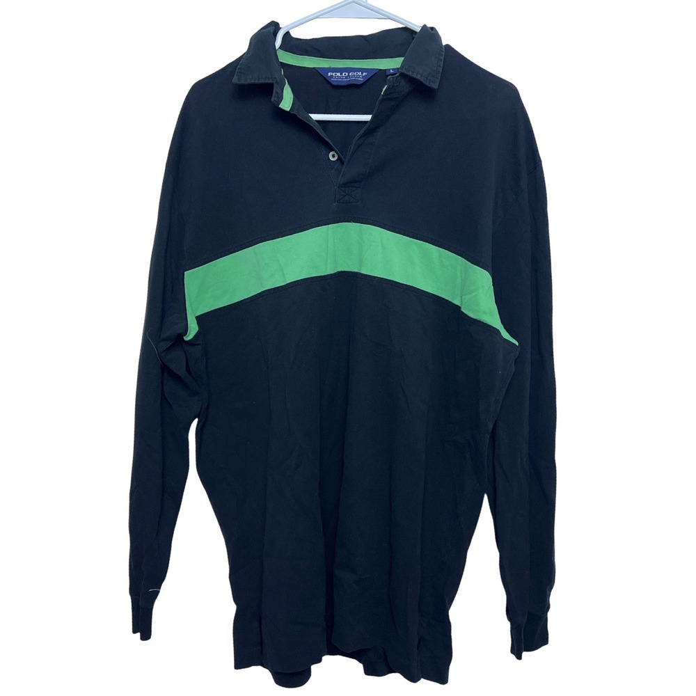 Polo Golf Ralph Lauren Men Large Black Pima Cotton Long Sleeve Polo Green Stripe